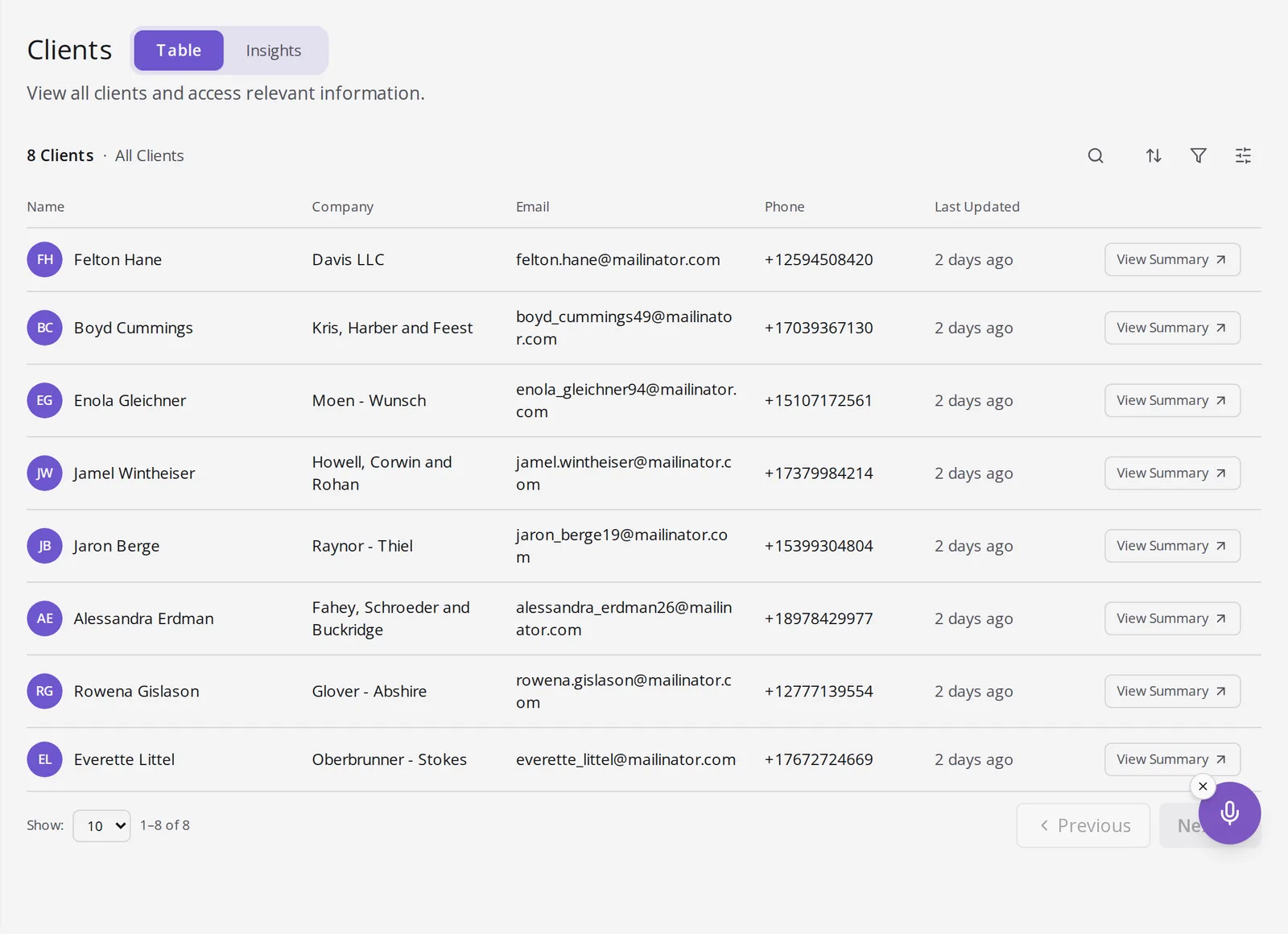 The Menaia clients table: eight clients with company, email, phone and last-updated dates, each with a View summary link