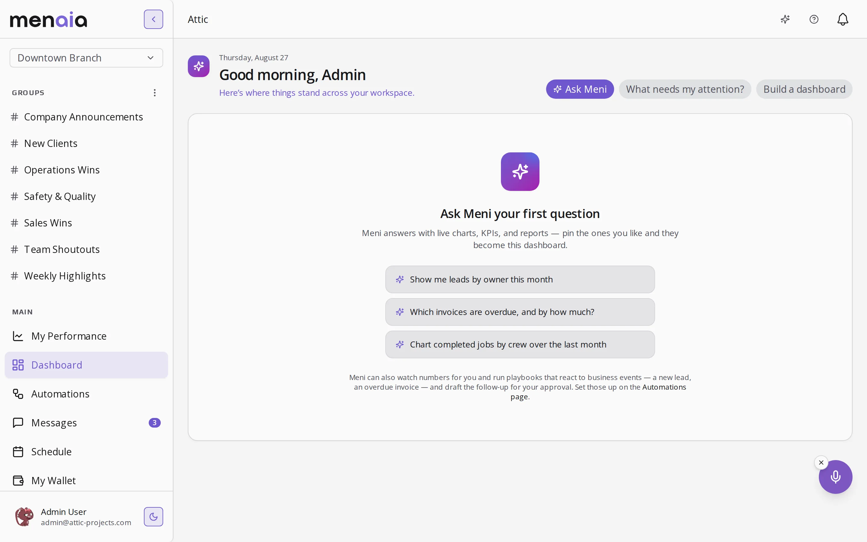 A new Menaia dashboard inviting the first question, with suggested reports like 'which invoices are overdue, and by how much?' and a Build a dashboard button.