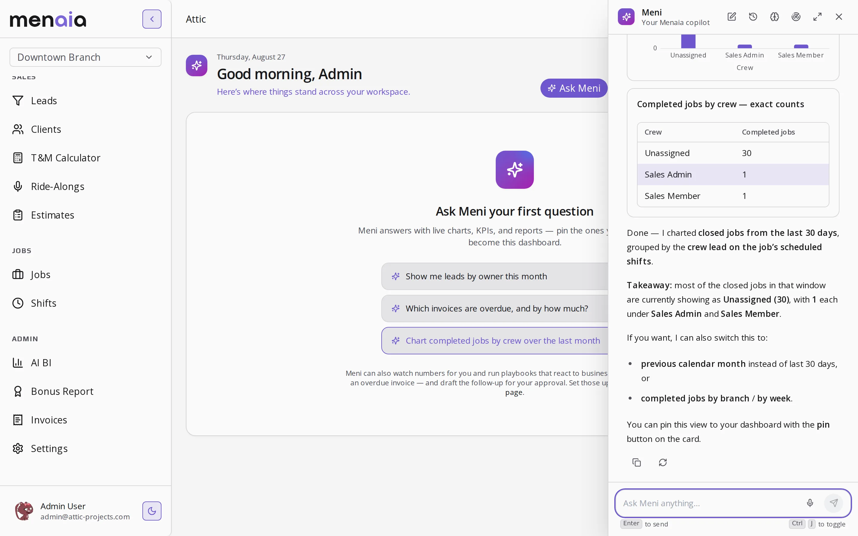 The Menaia admin navigation showing AI BI, Bonus Report, Invoices, and Settings entries.