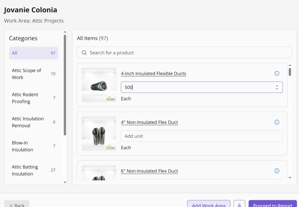 The Menaia estimate calculator for a client: 97 catalog items across categories like attic rodent proofing and blow-in insulation, with a quantity entered on insulated flex duct