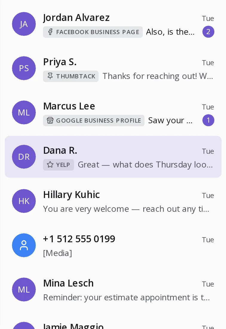 The Menaia inbox tabbed by channel, with a texted thread beside conversations from Yelp, Google Business Profile, Thumbtack and Facebook