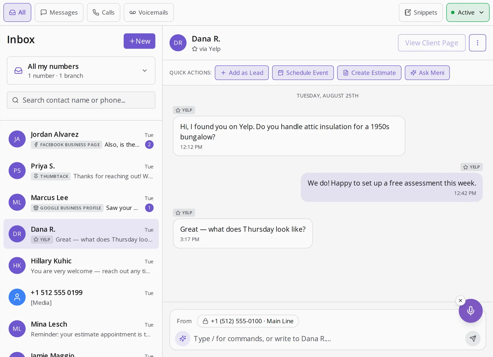 The Menaia inbox: All, Messages, Calls and Voicemails tabs, a list of conversations from Facebook, Thumbtack, Google Business Profile and Yelp, and an open Yelp thread with Dana R.