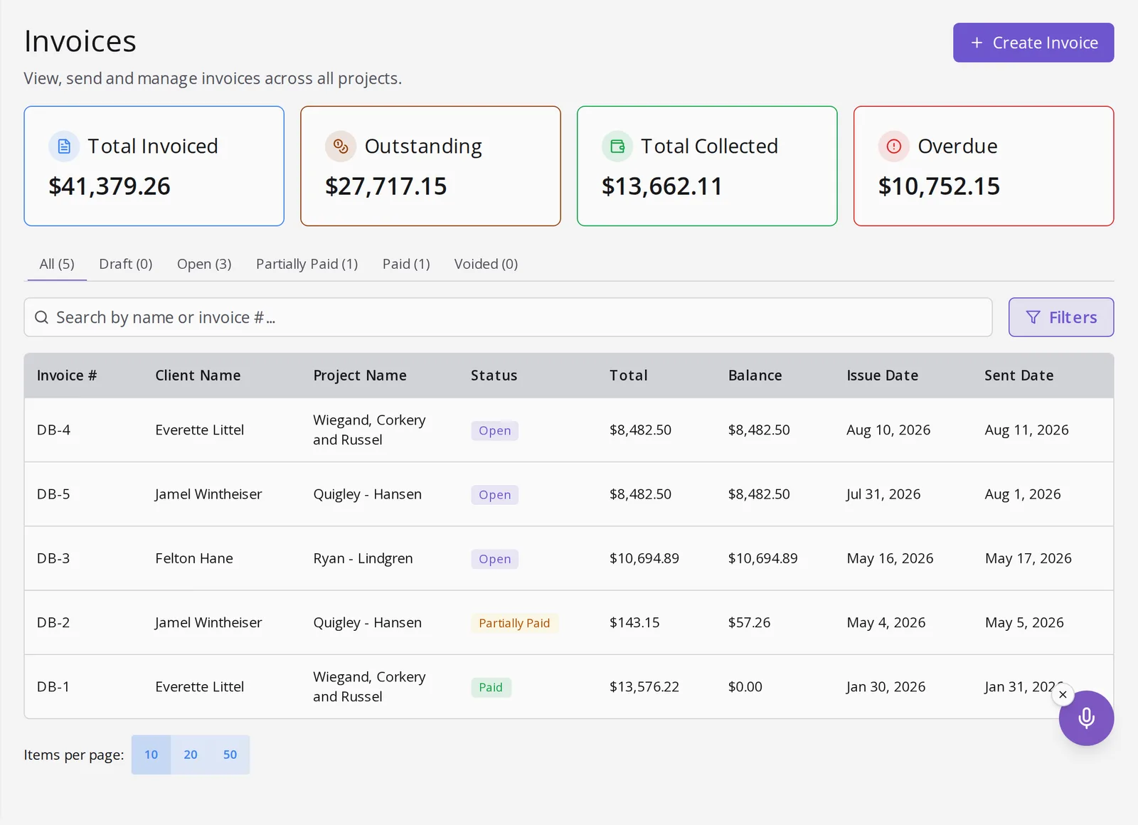 The Menaia invoices page: total invoiced, outstanding, collected and overdue, and the invoice list