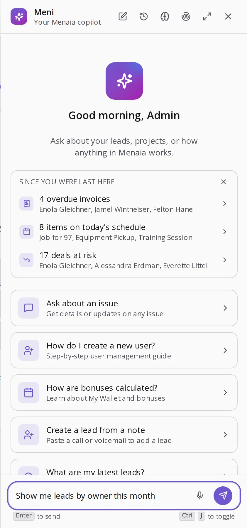 A Meni daily briefing on a phone: a summary of the day with follow-ups and flagged items