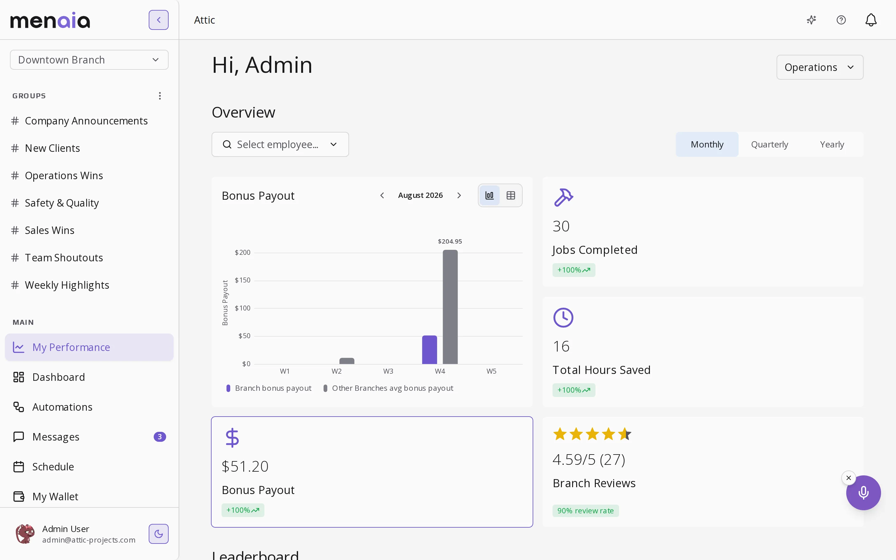 The Menaia sidebar with team feed channels including Sales Wins, Operations Wins, and Team Shoutouts next to a performance overview.
