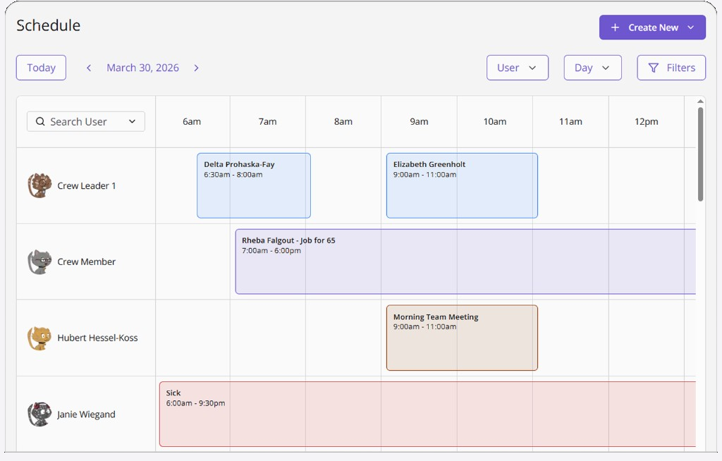 The Menaia schedule in day view: a crew member on Job for 65 from 7:00am to 6:00pm, a morning team meeting, and a sick day, all on one board.