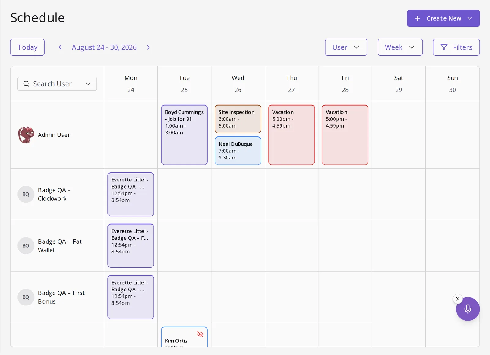 The Menaia schedule, a week view by user