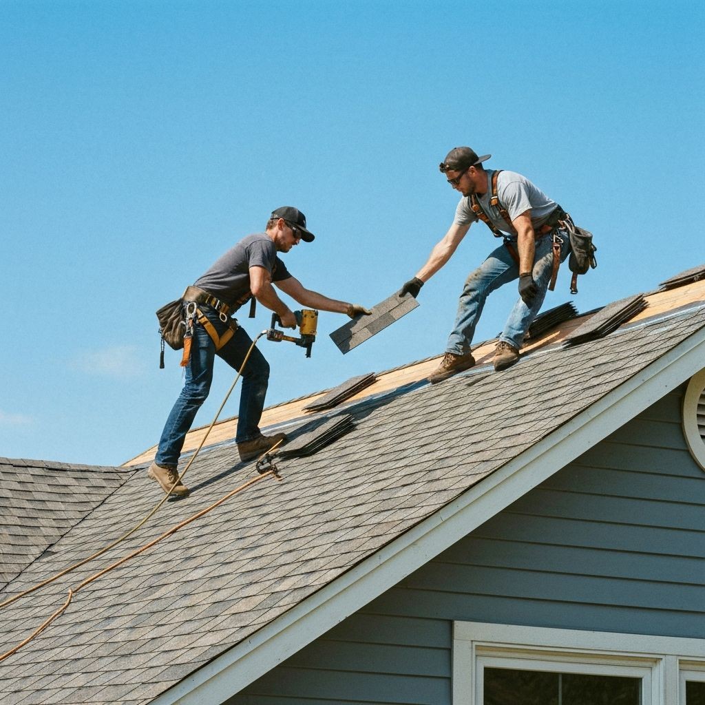 Roofing crew working together on a residential roof